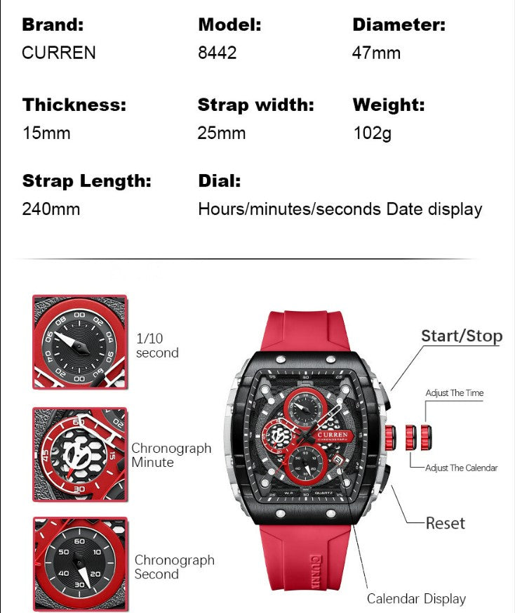 CURREN 8442 Men's Waterproof Six Needle Quartz Multifunctional Watch Men's Watch - Black_2